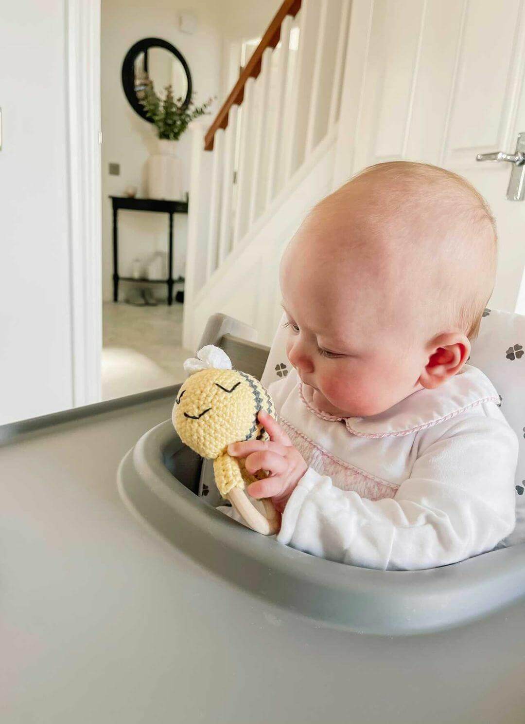 Baby playing with bumble bee rattle Image