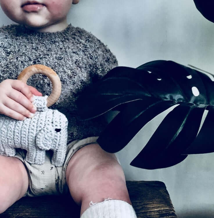 Baby holding an elephant rattle