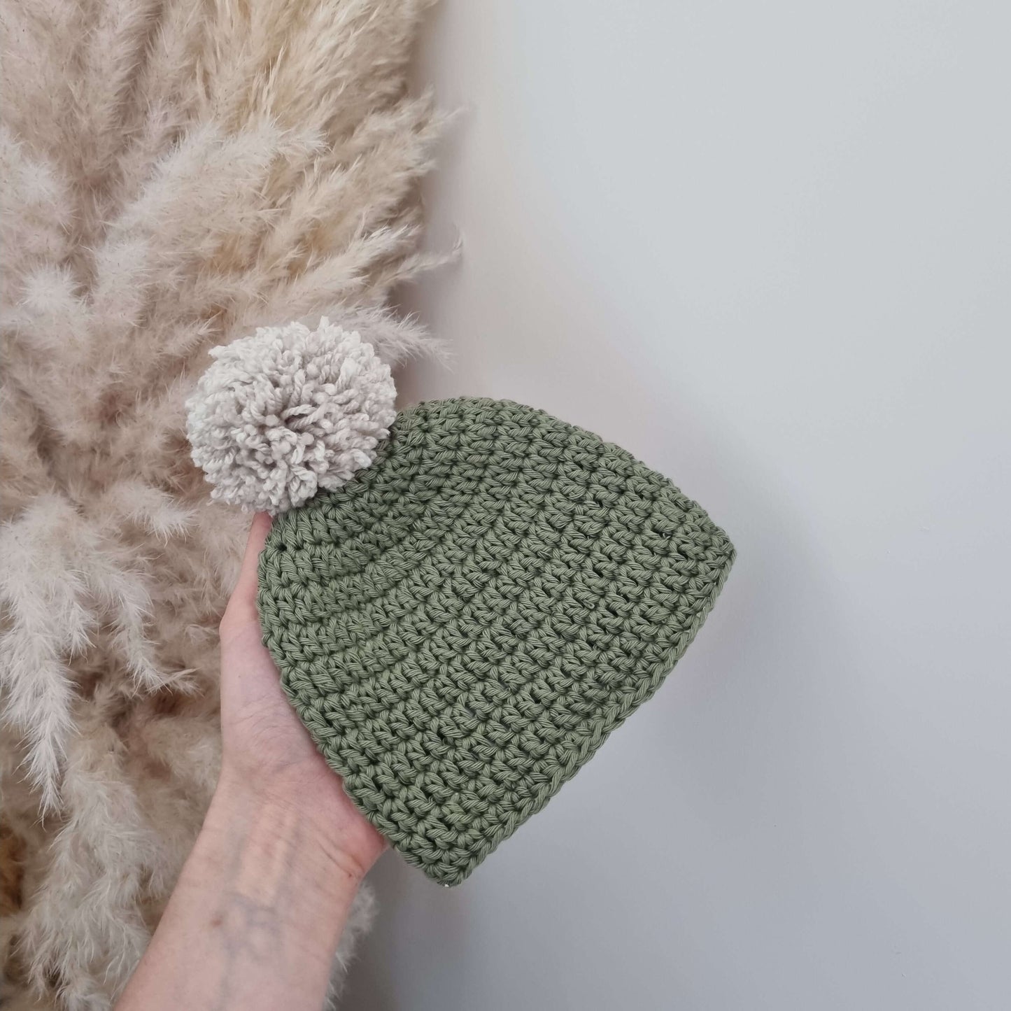 green baby hat and boots set, handmade crochet hat with pom pom detail