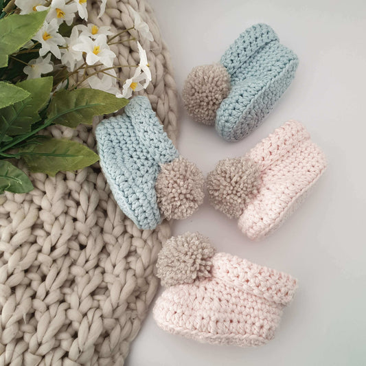 Cotton baby pom pom booties pink & blue