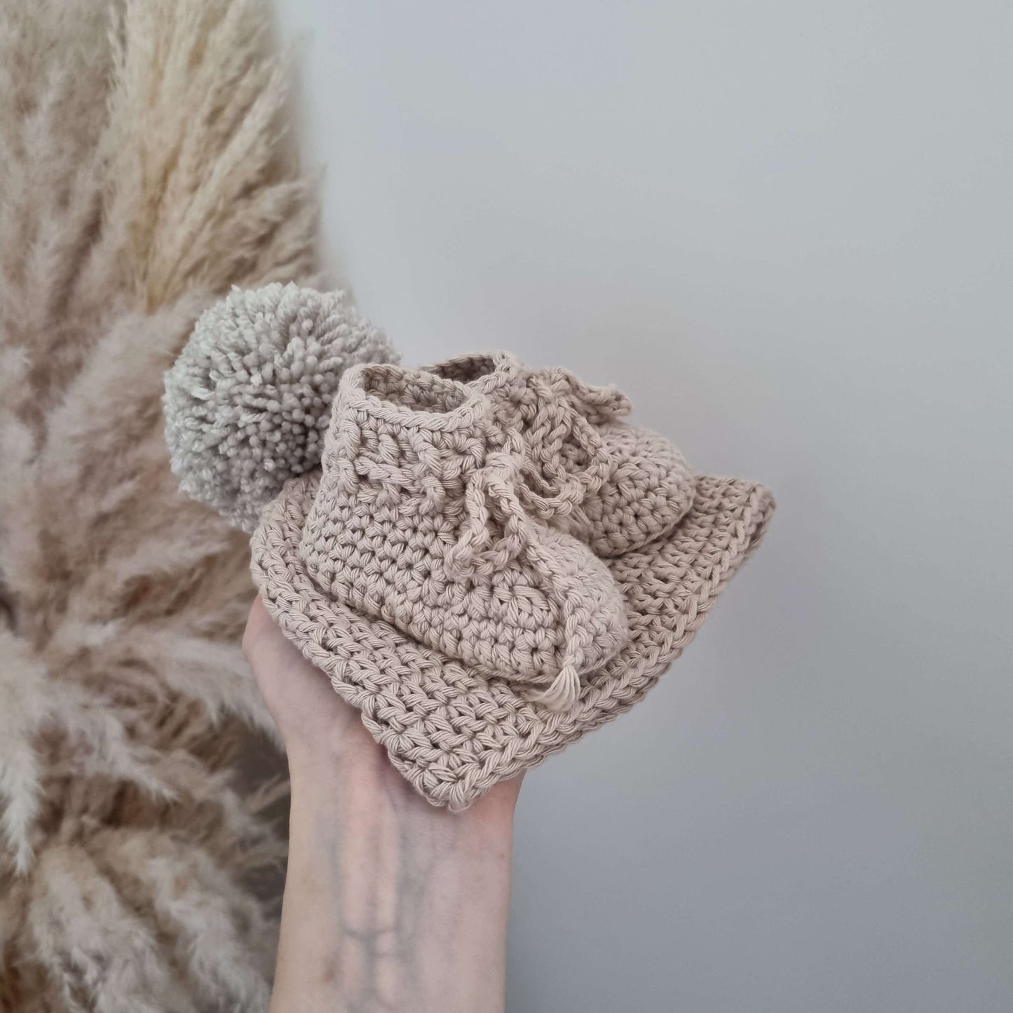 Cotton Baby Hat and Tie Booties (Stone)