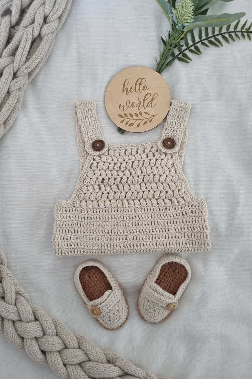 A baby crochet outfit set featuring a cream-colored knit romper with brown buttons, a matching cream knit bootie, and a pair of cream slip-on shoes with brown interiors, styled on a white fabric background with a wooden sign, greenery, and a chunky knit blanket.