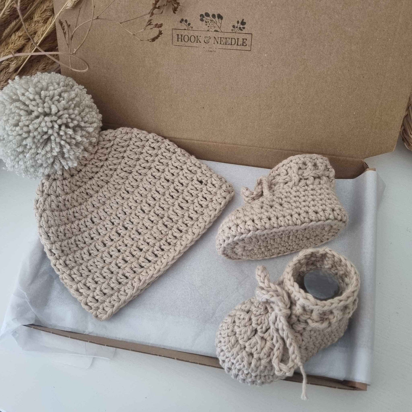 Cotton Baby Hat and Tie Booties (Stone)