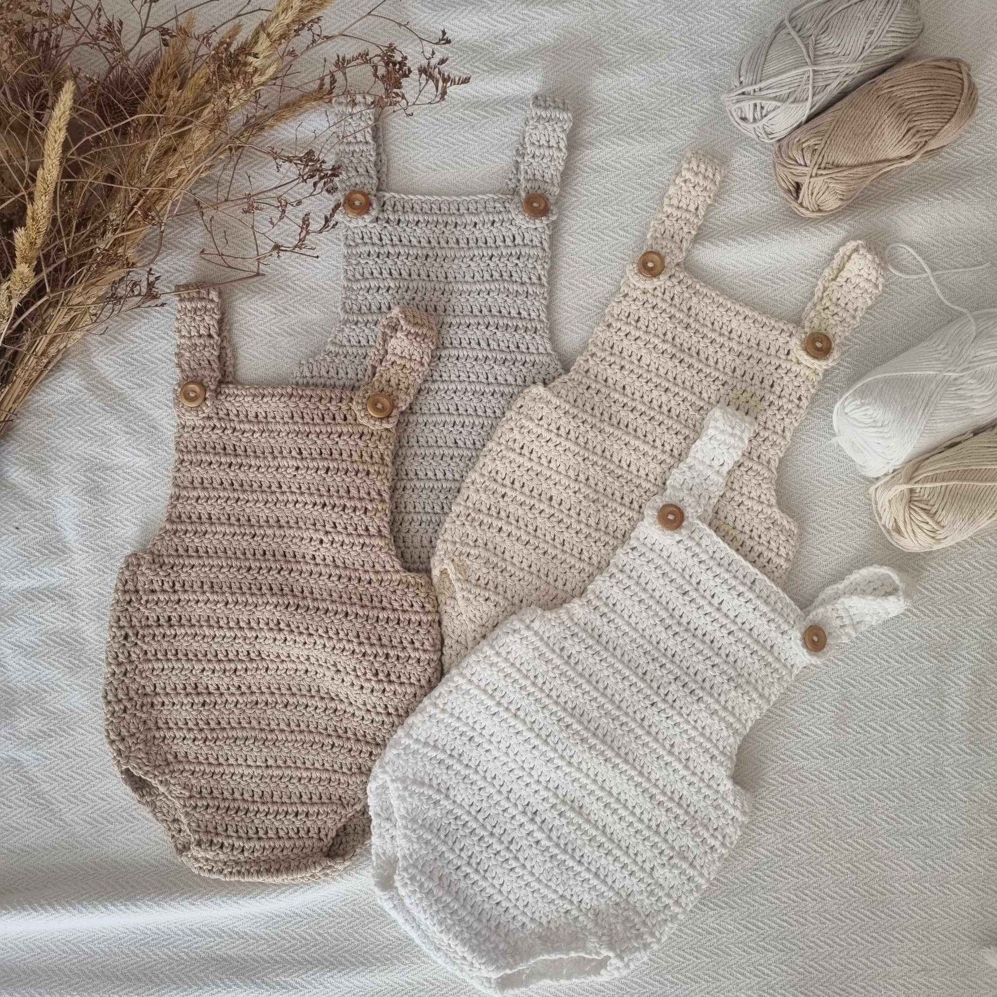 Adorable crochet baby rompers in soft, neutral colors, perfect for little ones and stylish for any occasion.