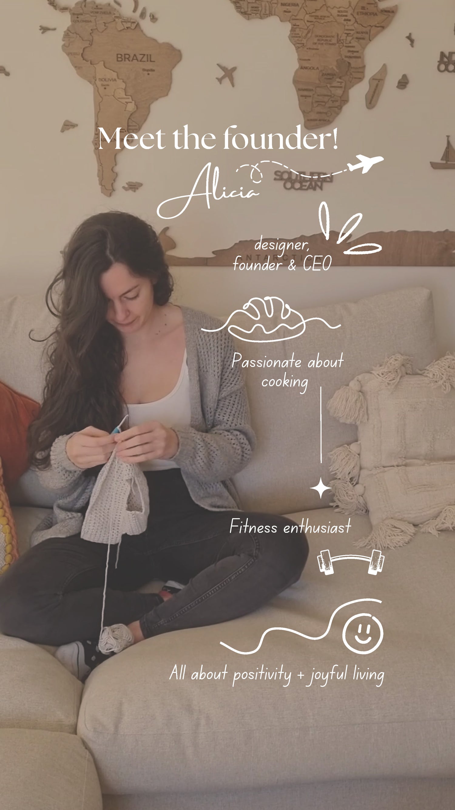 Woman sitting on a couch knitting with text about the founder, Alicia, and her interests.