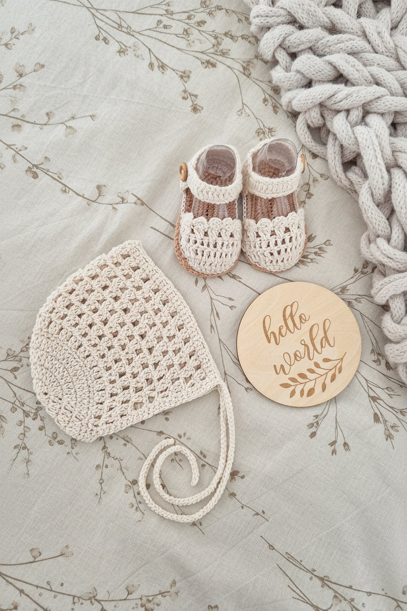 A styled flat-lay of a handmade crochet baby set, featuring a cream-colored knit bonnet with a tie strap, a pair of matching crochet baby booties, a round wooden 'hello world' coaster, and a chunky knit blanket on a textured beige fabric background.