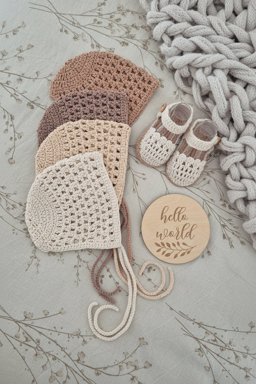 Four crocheted baby bonnets in neutral tones of cream, beige, tan, and dusty rose, styled with matching baby booties, a chunky knit blanket, and a wooden sign that reads 'hello world' on a floral fabric background.