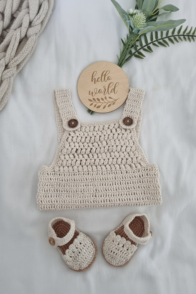 A baby crochet outfit set laid flat on a white fabric background, including a cream crochet romper with brown button details, matching crochet booties, a round wooden 'hello world' sign, and green leaves. A chunky knit blanket is visible in the top left corner.