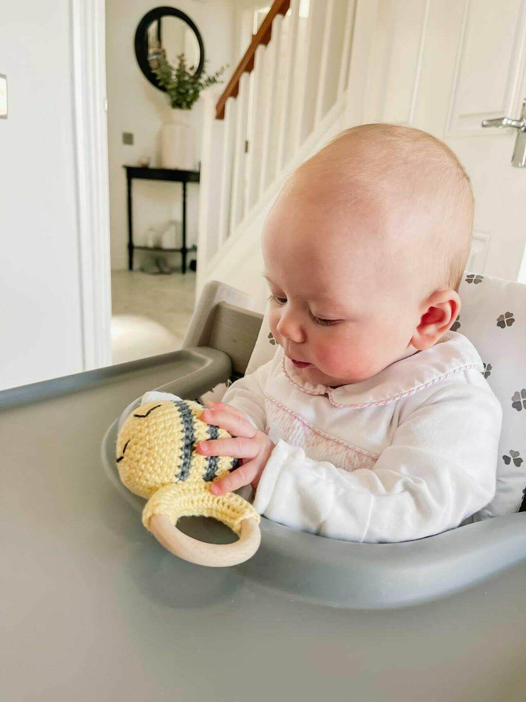 Child playing with bumble bee rattle image