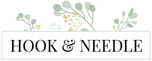 Logo for 'Hook & Needle' with decorative elements on a white background