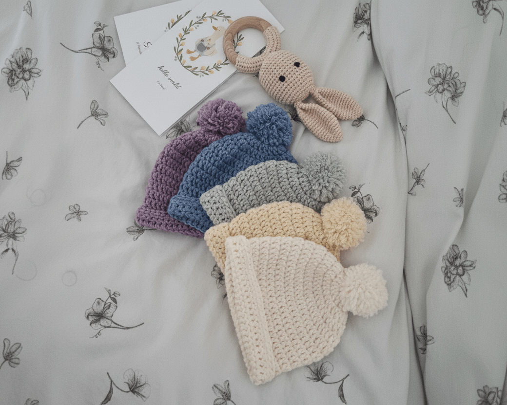 Set of colorful knitted hats with pom-poms on a floral fabric background