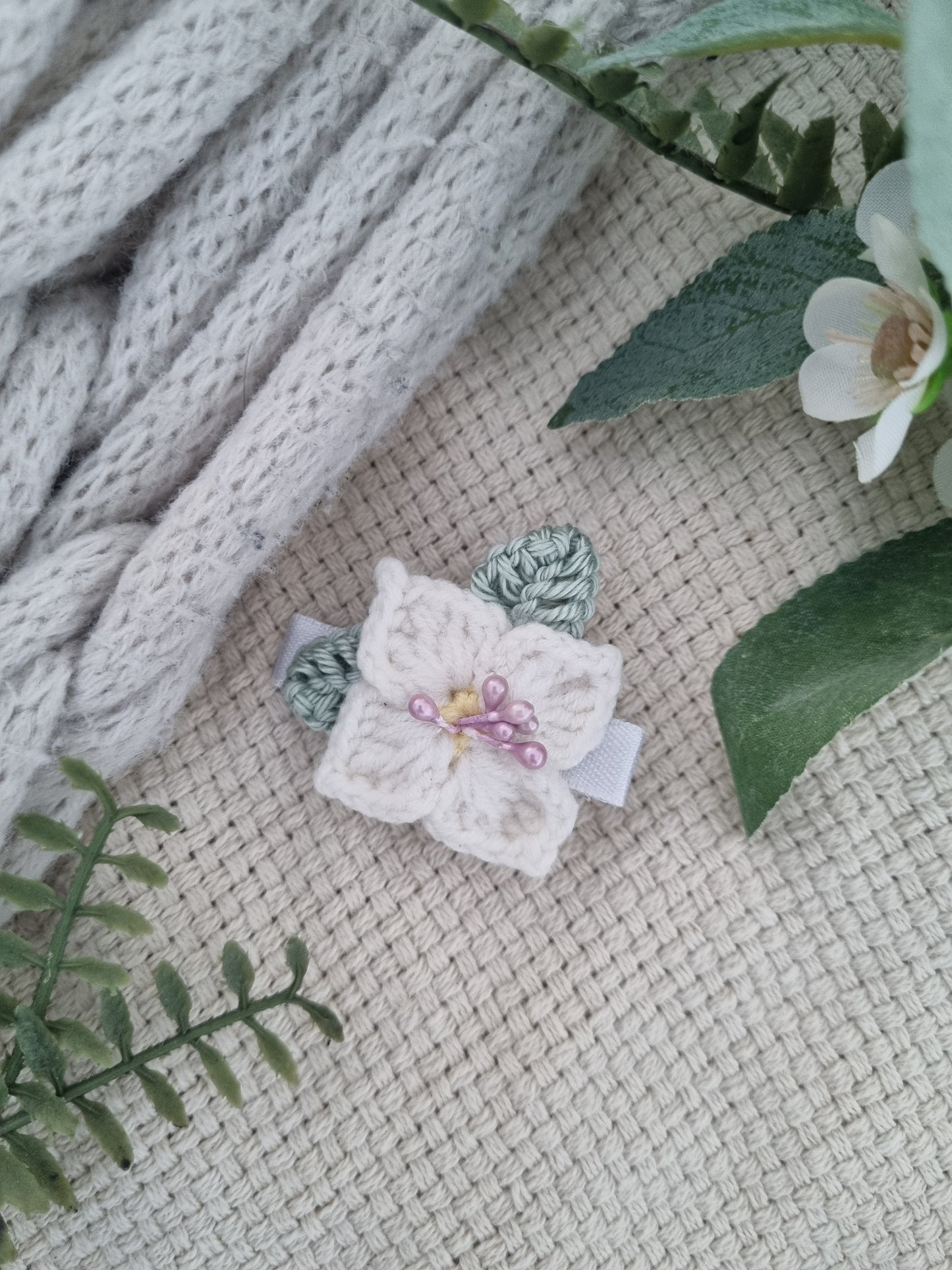 Ivory Pearl Blossom Crochet Hair Clip