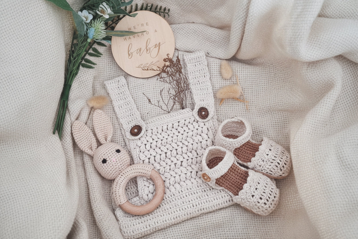 Baby outfit with crocheted overalls, shoes, and rattle on a neutral background with a 'We're Having a Baby' sign.