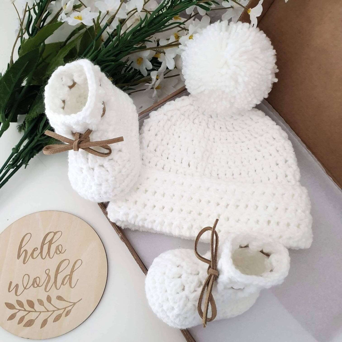 Acrylic baby hat and booties white