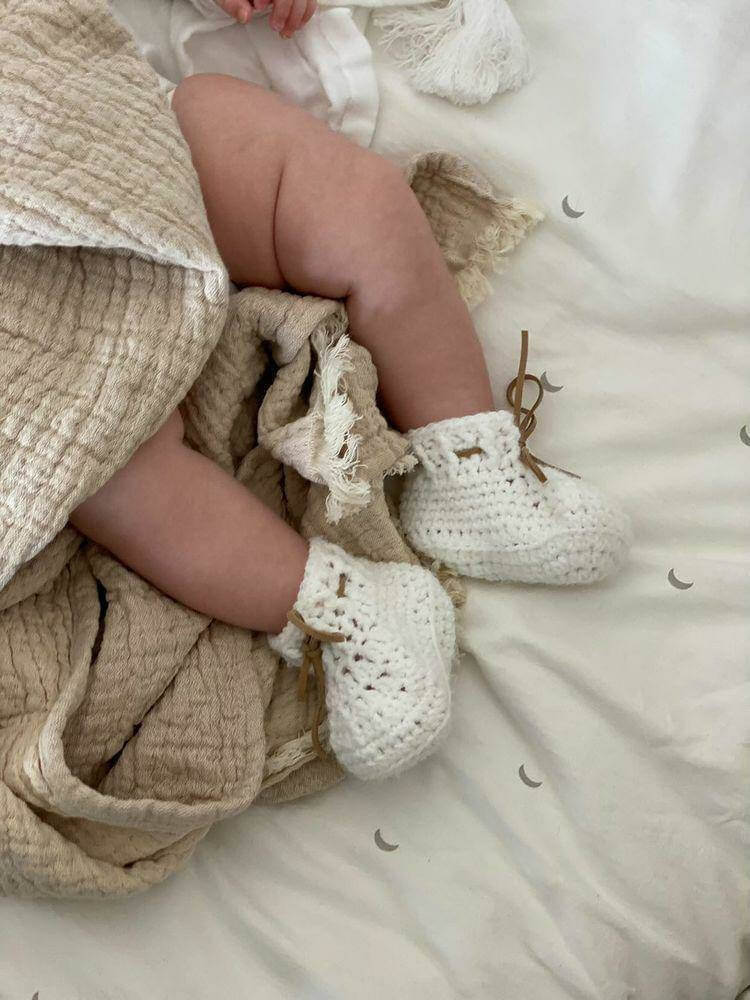 Crochet baby booties on baby feet 